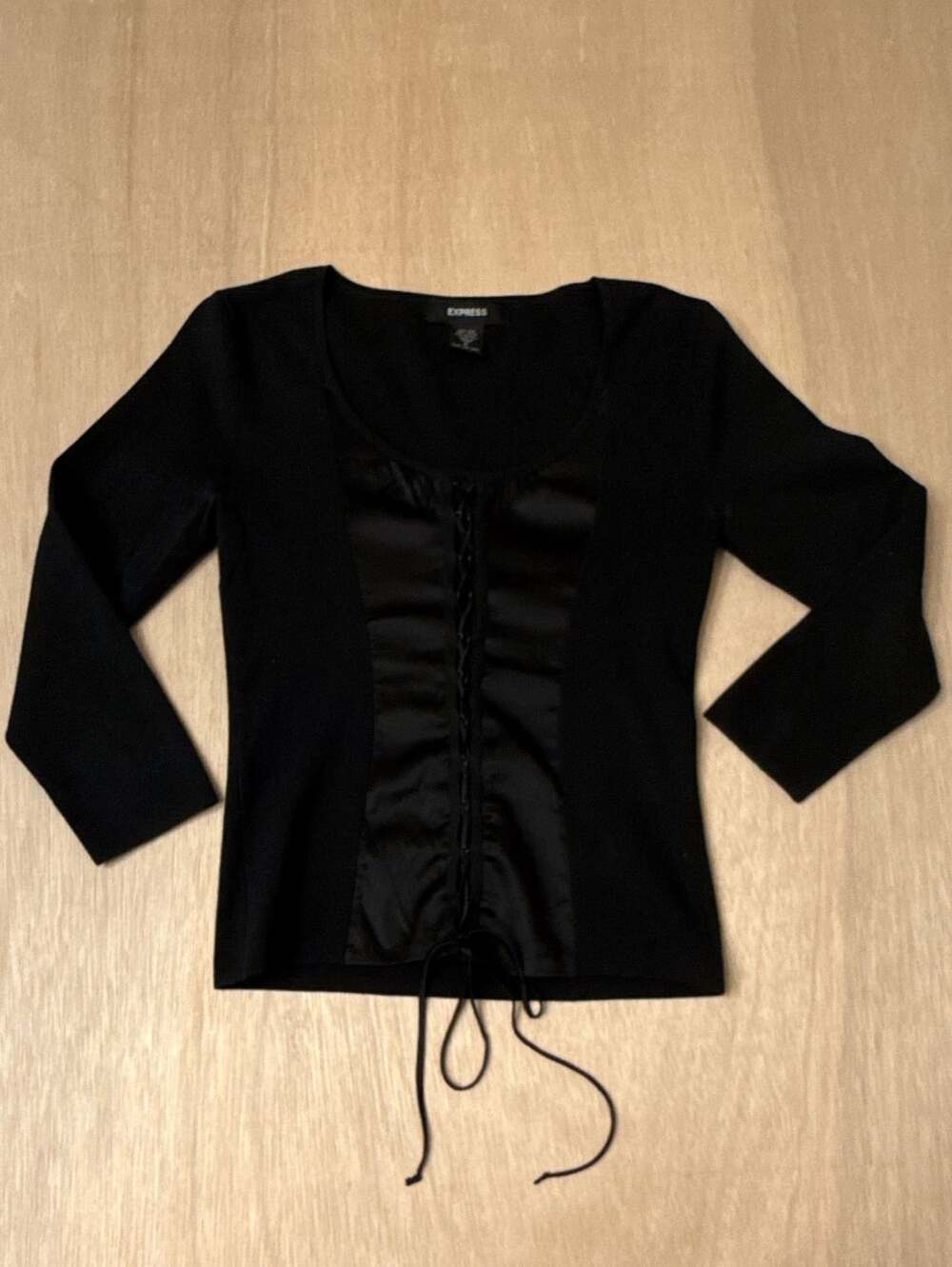 Express Y2K Black Silk Blend Corset Style Top with Lace Up Front Size S